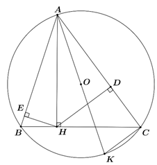 Cho tam giác \(ABC\) nội tiếp đường tròn tâm \(O\). Kẻ \(AH\) vuông góc với (ảnh 1)