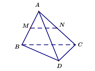 Cho tứ diện ABCD. Gọi hai điểm M,\,N lần lượt là trung điểm của các cạnh AB,AC (ảnh 1)