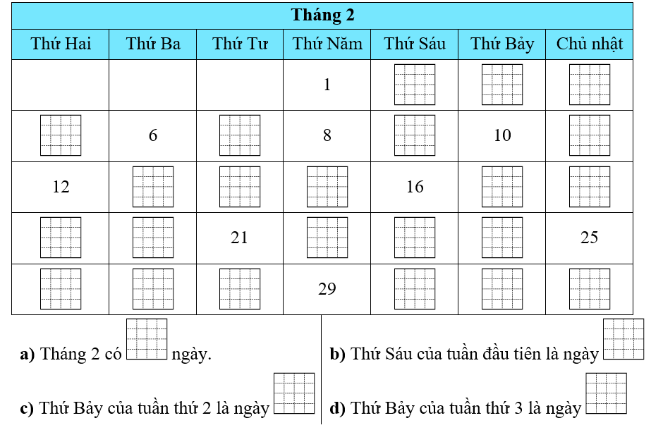 Hoàn thành tờ lịch rồi điền vào ô trống cho thích hợp. (ảnh 1)
