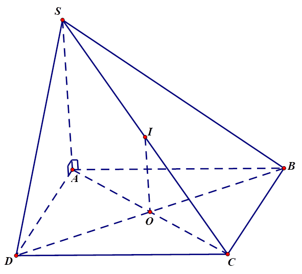 Cho hình chóp S.ABCD có đáy ABCD là hình vuông tâm O, SA vuông góc (ABCD). Gọi I là trung điểm của SC. Khoảng cách từ I đến mặt phẳng (ABCD) bằng độ dài đoạn thẳng nào? (ảnh 1)