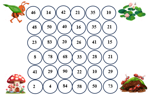 Em hãy giúp kiến về nhà bằng cách tô màu vào các ô có số lớn hơn 45. (ảnh 1)