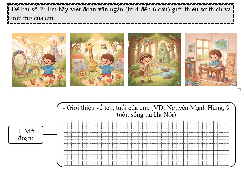 Đề bài số 2: Em hãy viết đoạn văn ngắn (từ 4 đến 6 câu) giới thiệu sở thích và ước mơ của em. (ảnh 1)