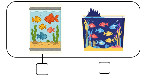a) Điền dấu x vào ô trống có số lượng nhiều hơn.  d    b) Điền dấu x vào ô trống dưới bể có ít cá hơn. (ảnh 2)