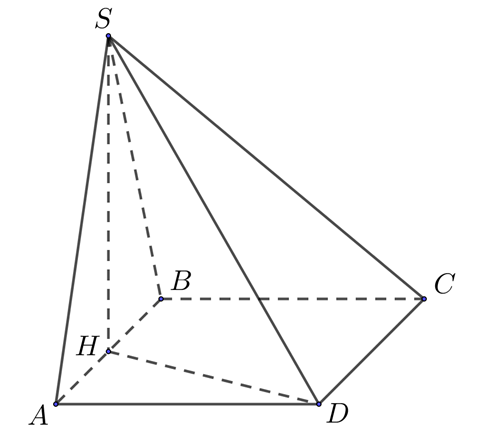 Cho hình chóp S.ABCD có đáy ABCD là hình vuông cạnh a, SD =3a/2, hình chiếu vuông góc của S trên mặt phẳng (ABCD) là trung điểm của cạnh AB. Tính theo a thể tích khối chóp S.ABCD. (ảnh 1)