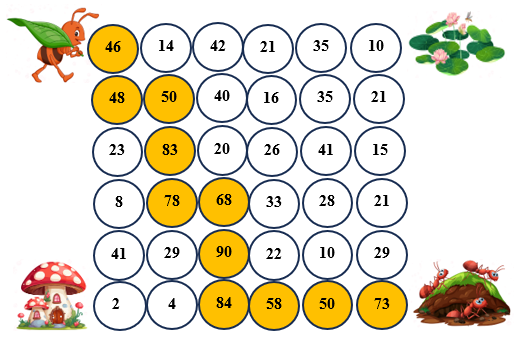 Em hãy giúp kiến về nhà bằng cách tô màu vào các ô có số lớn hơn 45. (ảnh 2)