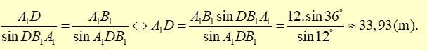 Muốn đo chiều cao của một tòa nhà, người ta lấy hai điểm \(A,B\) trên mặt đất cách nhau 10 m cùng thẳng hàng với chân C của (ảnh 1)