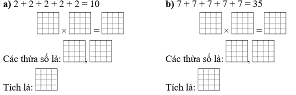 Chuyển tổng các số hạng bằng nhau thành phép nhân rồi cho biết thành phần của phép tính: (ảnh 1)