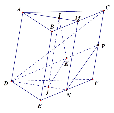 Cho lăng trụ tam giác ABC.DEF có J,K lần lượt là trọng tâm các tam giác ABC,DEF,CDF. Gọi M,N lần lượt là trung điểm của BC,EF. (ảnh 1)