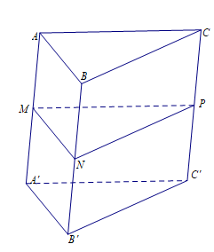 Cho hình lăng trụ ABC.A'B'C'. Gọi M,N,P theo thứ tự là trung điểm của các cạnh AA',BB',CC' (ảnh 1)