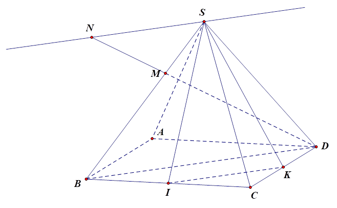 Gọi N là giao điểm của MD và mặt phẳng (SIK). Tính tỉ số ND/NM. (ảnh 1)