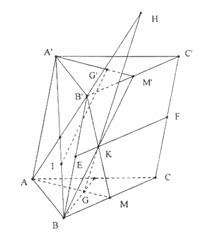 Cho hình lăng trụ tam giác ABC.A'B'C'. Gọi G,G',I lần lượt là trọng tâm các tam giác ABC,A'B'C',ABB' (ảnh 1)