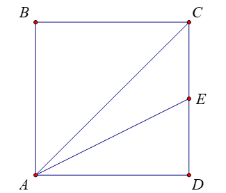Cho hình vuông \(ABCD\) có cạnh là 12 cm. Gọi \(E\) là trung điểm của \(CD\). Khi đó: (ảnh 1)