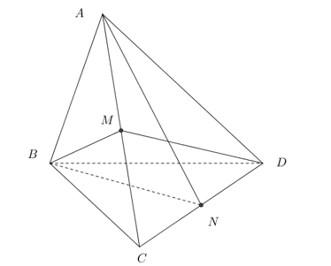 Cho tứ diện ABCD. Gọi M và N lần lượt là trung điểm của AC và CD (ảnh 1)