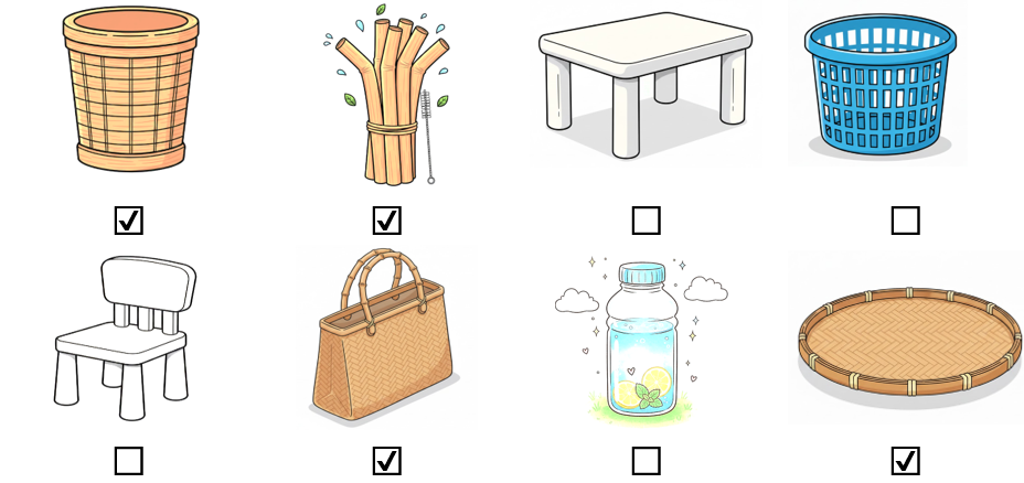 a) Đánh dấu ☑ vào những đồ dùng được làm từ tre hoặc gỗ. (ảnh 2)