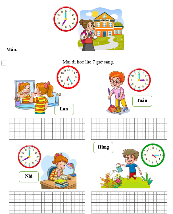 Viết hoạt động và thời gian tương ứng với mỗi bức tranh (theo mẫu) (ảnh 1)