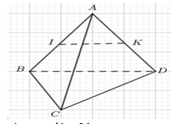 Cho tứ diện ABCD. Gọi I,K lần lượt là trung điểm của AB và AD (tham khảo hình vẽ) (ảnh 1)