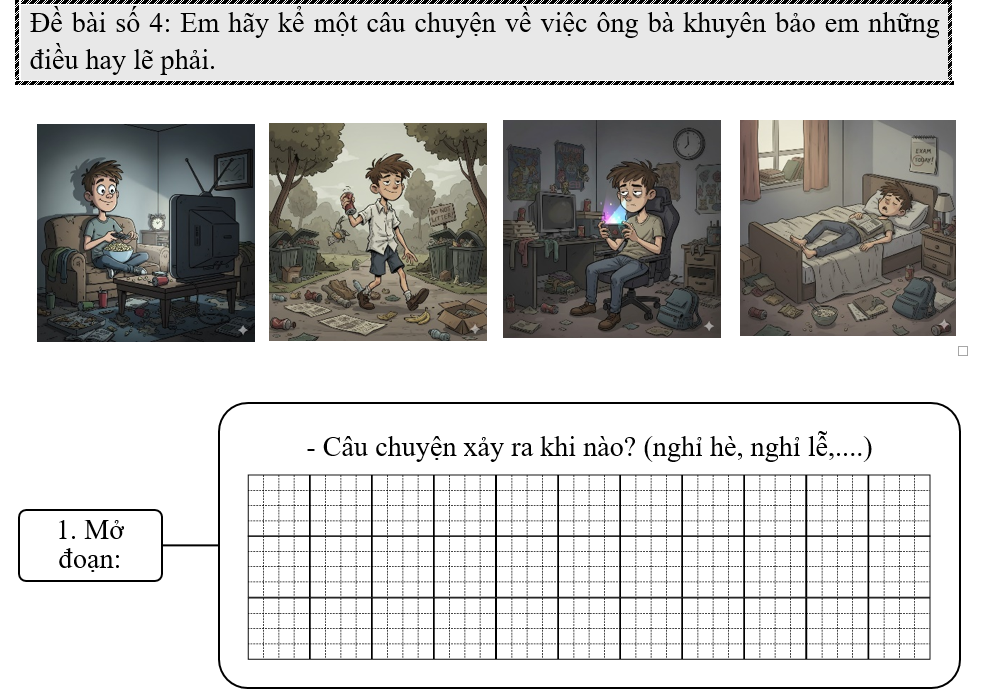 Đề bài số 4: Em hãy kể một câu chuyện về việc ông bà khuyên bảo em những điều hay lẽ phải.      (ảnh 1)