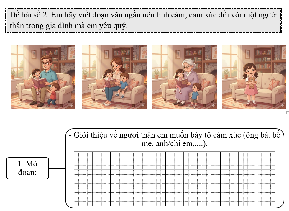  Đề bài số 2: Em hãy viết đoạn văn ngắn nêu tình cảm, cảm xúc đối với một người thân trong gia đình mà em yêu quý.   (ảnh 1)