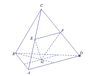 Cho tứ diện ABCD. Gọi E,F lần lượt là trung điểm của AC và CD (ảnh 1)