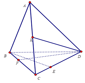 Cho tứ diện ABCD có hai mặt phẳng (ABC),(ABD) cùng vuông góc với (BCD). Gọi BE;DF là hai đường cao của tam giác BCD,DK là đường cao của tam giác ACD (ảnh 1)
