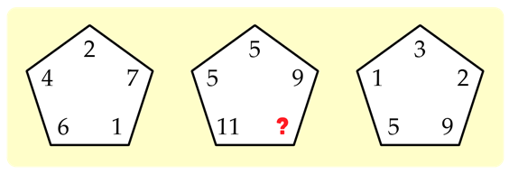 A white hexagon with black numbers and red question mark
Description automatically generated