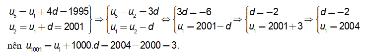 Cho cấp số cộng un có u_2 = 2001 và {u_5} = 1995. Khi đó u_{1001 bằng: (ảnh 1)