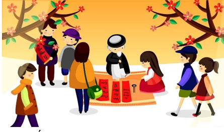 Bức tranh nhắc đến hoạt động gì vào ngày Tết?   A. Mọi người đi chợ, mua sắm (ảnh 1)