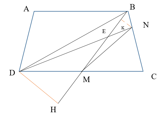 Cho mảnh vườn hình thang ABCD (đáy bé AB, đáy lớn CD) có diện tích bằng 112 m2 (ảnh 1)