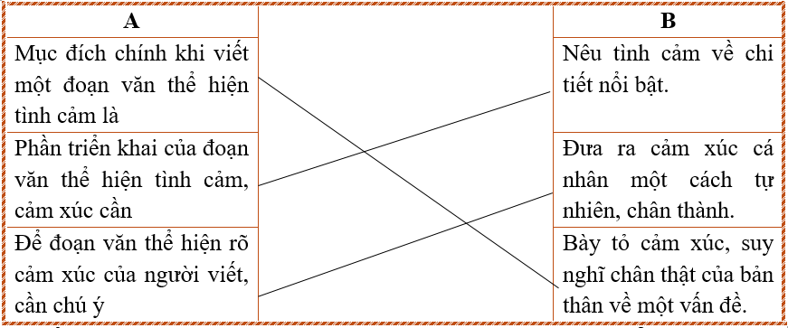 i) Nối: Mục đích chính khi viết một đoạn văn thể hiện tình cảm là (ảnh 2)