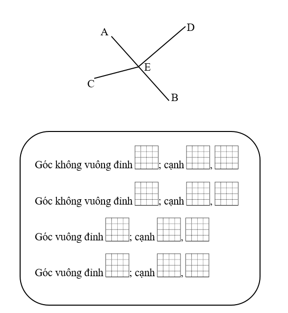 Nêu tên đỉnh và cạnh của các góc vuông và góc không vuông trong hình sau: (ảnh 1)