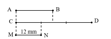 Tìm độ dài đoạn thẳng AB. Biết rằng khi gấp đoạn thẳng đó lên 2 lần thì được đoạn thẳng CD (ảnh 1)
