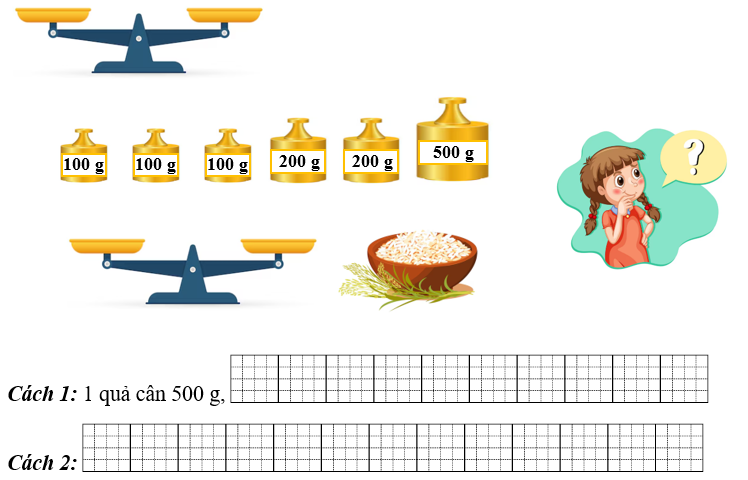 Điền vào chỗ trống thích hợp: Em hãy giúp Lan tìm 2 cách chọn các quả cân thích hợp (ảnh 1)
