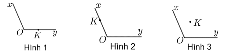 Hình nào dưới đây thể hiện điểm \(K\) nằm trong góc \(xOy?\) (ảnh 1)