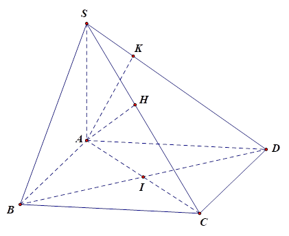 Cho hình chóp S.ABCD có đáy ABCD là hình chữ nhật tâm I, cạnh bên SA vuông góc với đáy. H, K lần lượt là hình chiếu của A lên SC, SD. Khẳng định nào sau đây đúng ? (ảnh 1)
