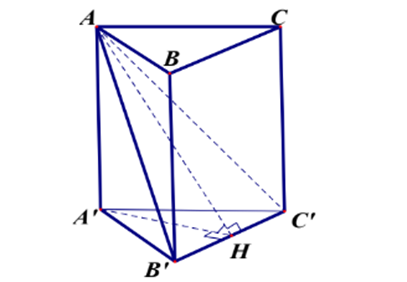 Cho lăng trụ tam giác đều ABC.A'B'C' có tất cả các cạnh đều bằng a. Gọi alpha là góc nhị diện [A,B'C',A']. Tính giá trị của tan alpha. (ảnh 1)