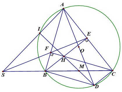 Cho tam giác ABC nhọn (AB < AC) nội tiếp đường tròn (O), các đường cao BE và CF cắt nhau tại H. Gọi S là (ảnh 1)