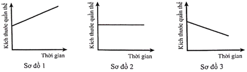 Ba sơ đồ dưới đây mô tả sự biến động của kích thước quần thể theo thời gian trong 3 trường hợp khác nhau. Biết rằng ở mỗi đơn vị thời gian nhất định (ảnh 1)