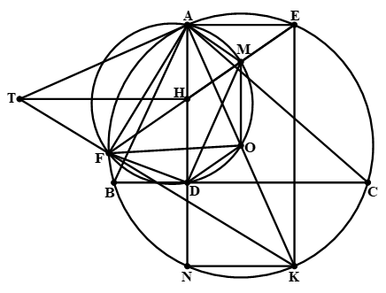 Cho tam giác nhọn ABC (\(AB < AC\)) nội tiếp đường tròn (O), có đường cao AD và trực tâm H. Gọi E là điểm trên (O) sao (ảnh 1)