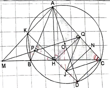 Cho tam giác nhọn ABC (AB < AC) nội tiếp đường tròn (O). Kẻ đường cao AH của tam giác ABC (ảnh 1)