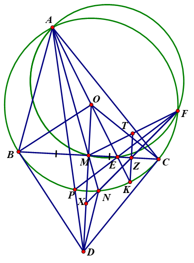 Cho tam giác ABC có ba góc nhọn, \(AB < AC\) và nội tiếp đường tròn (O). Đường thẳng (ảnh 1)