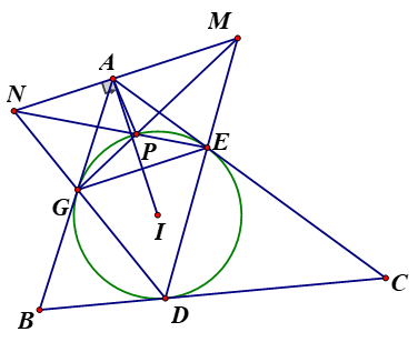 Cho tam giác ABC. Đường tròn (I) nội tiếp tam giác ABC lần lượt tiếp xúc với các cạnh BC, CA, AB tại các điểm (ảnh 1)