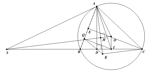 Cho tam giác \(ABC\) có ba góc nhọn (\(AB < AC\)), nội tiếp đường tròn \(\left( O \right)\). Tiếp tuyến (ảnh 3)