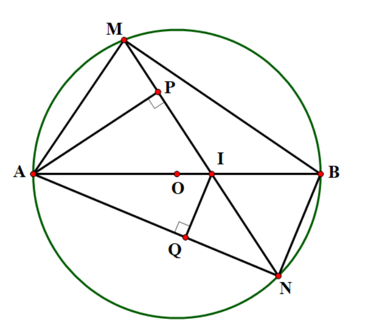 Cho đường tròn ( {O;R} có đường kính \(AB\). Lấy điểm \(I\) bất kỳ thuộc đoạn thẳng (ảnh 1)