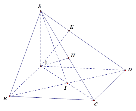 Cho hình chóp S.ABCD có đáy ABCD là hình chữ nhật tâm I, cạnh bên SA vuông góc với đáy. Gọi H, K lần lượt là hình chiếu của A lên SC, SD. Khẳng định nào sau đây đúng? (ảnh 1)