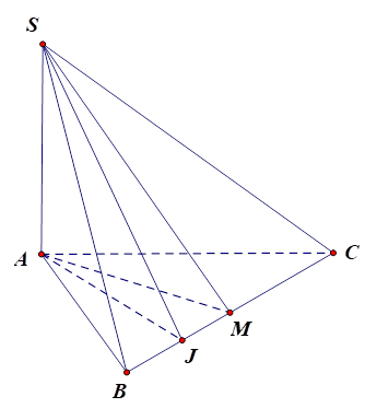 Cho hình chóp S.ABC có đáy ABC là tam giác cân tại A, cạnh bên SA vuông góc với đáy, M là trung điểm BC,J là trung điểm BM. Mệnh đề nào sau đây đúng? (ảnh 1)