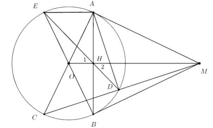 Từ điểm \(M\) nằm bên ng̀oài đường tròn tâm \(O\), vẽ hai tiếp tuyến \(MA\) và \(MB\) (ảnh 1)