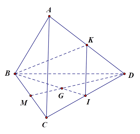 Cho tứ diện ABCD có G là trọng tâm tam giác BCD. Mặt phẳng (P) chứa BG và song song với AC, cắt AD tại K. Biết AK = mKD. Tìm m. (ảnh 1)