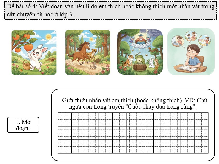 Đề bài số 4: Viết đoạn văn nêu lí do em thích hoặc không thích một nhân vật trong câu chuyện đã học ở lớp 3.  (ảnh 1)