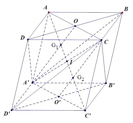 Cho hình hộp ABCD.A'B'C'D'. Gọi G1;G2 là trọng tâm của các tam giác A'BD,B'D'C.  a) Chứng minh rằng (A'BD) // (B'D'C). (ảnh 1)