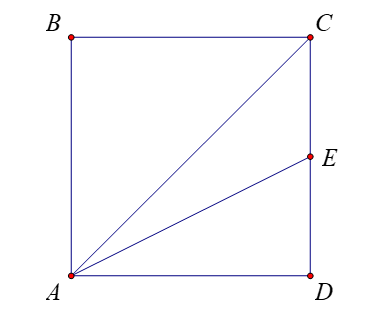Cho hình vuông \(ABCD\) có cạnh là 12 cm. Gọi \(E\) là trung điểm của \(CD\). Khi đó: (ảnh 1)